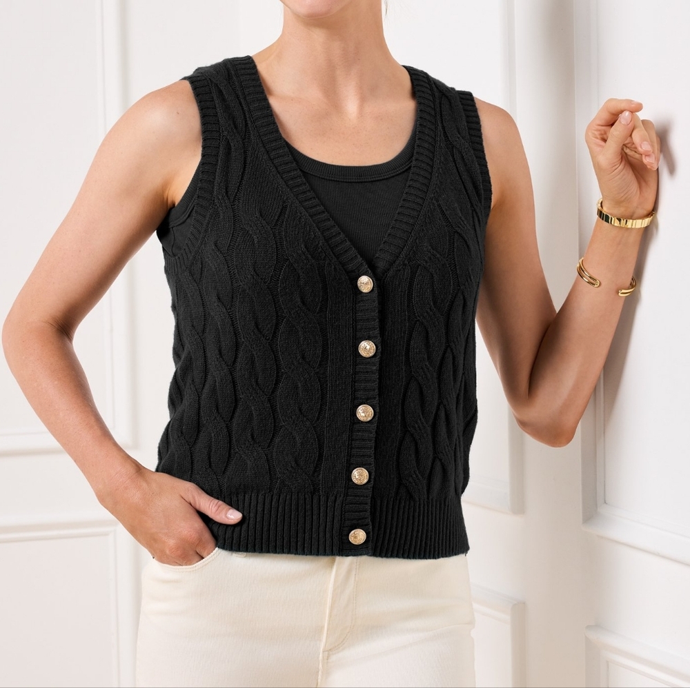 Zara Cotton Blend Cable Knit Vest In Black Size Medium New With Tags